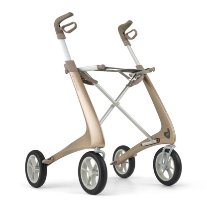 Champagne Gold byACRE Carbon Ultralight carbon fiber rollator with ergonomic handles, seat, and puncture-proof wheels