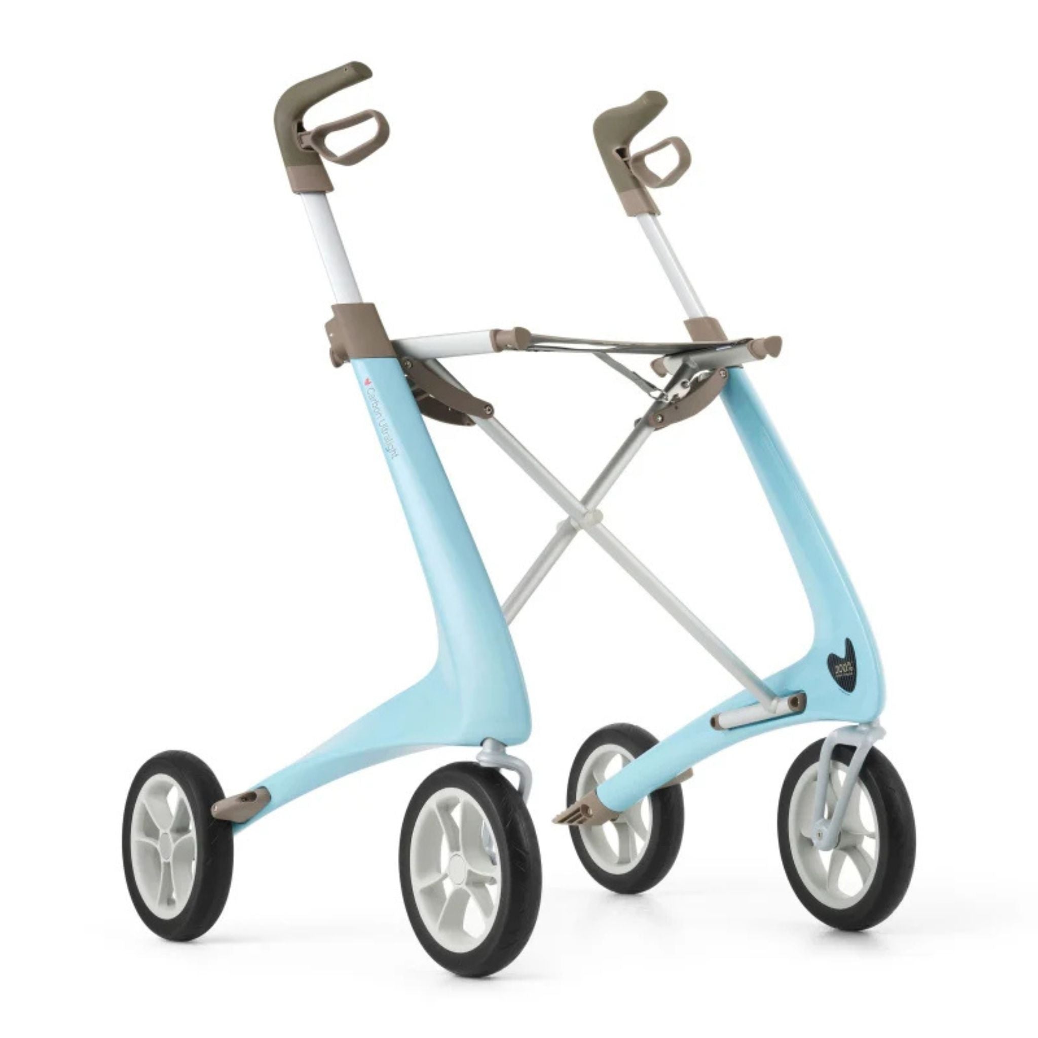Morning Blue byACRE Carbon Ultralight carbon fiber rollator with ergonomic handles, seat, and puncture-proof wheels
