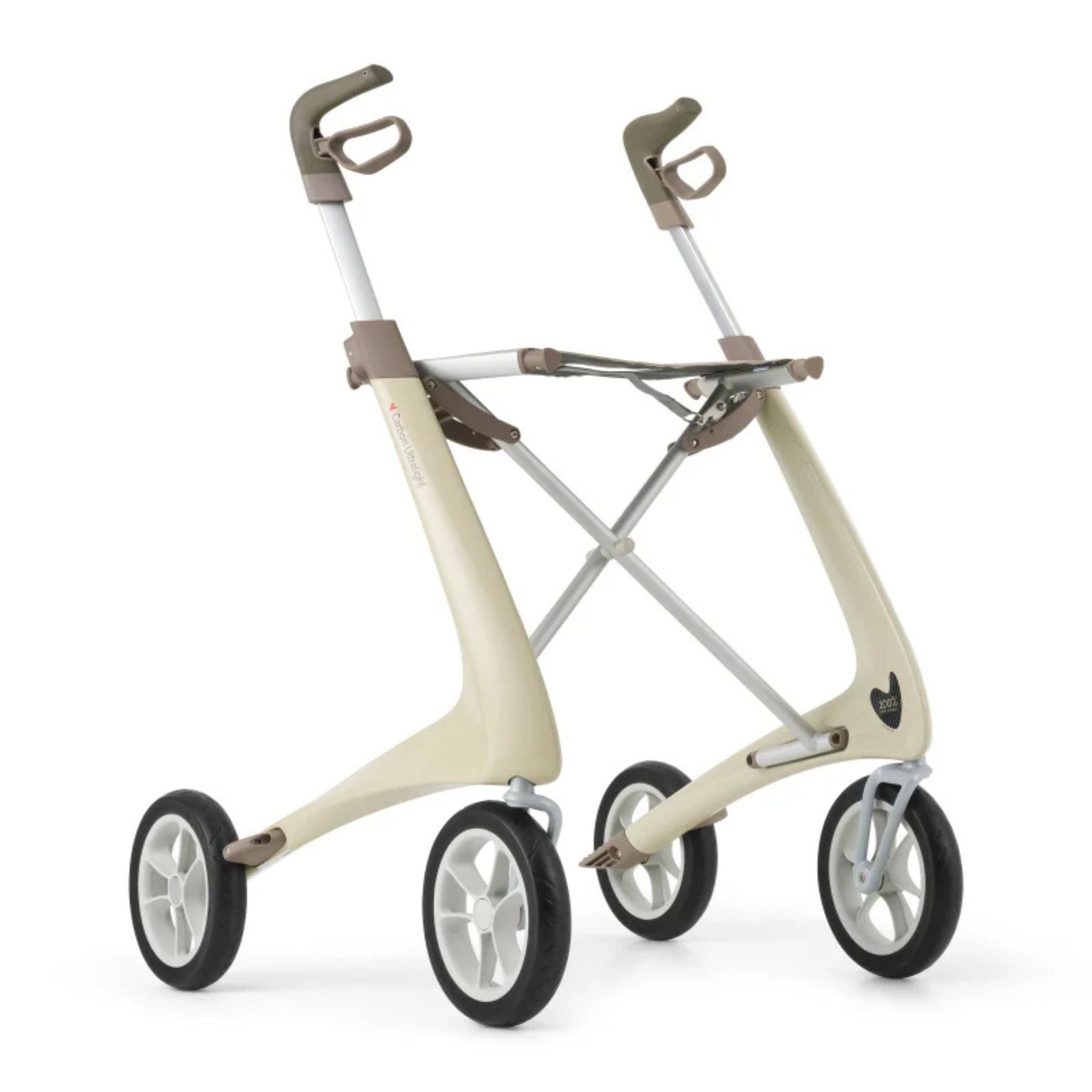 Oyster White byACRE Carbon Ultralight carbon fiber rollator with ergonomic handles, seat, and puncture-proof wheels