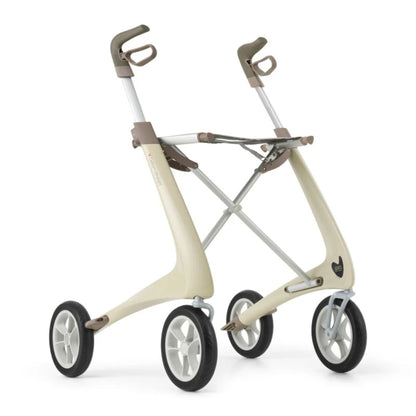 Oyster White byACRE Carbon Ultralight carbon fiber rollator with ergonomic handles, seat, and puncture-proof wheels