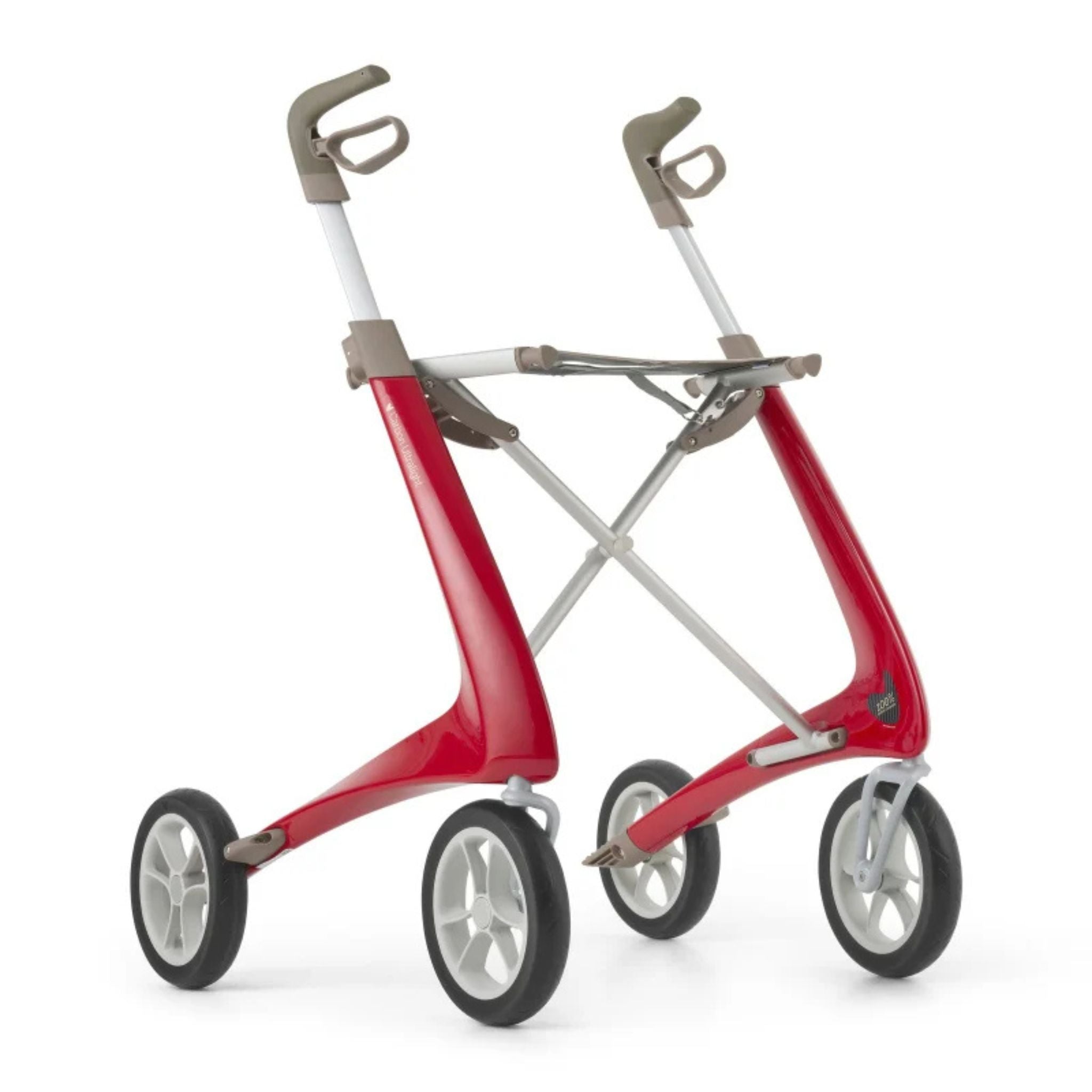 Strawberry Red byACRE Carbon Ultralight carbon fiber rollator with ergonomic handles, seat, and puncture-proof wheels