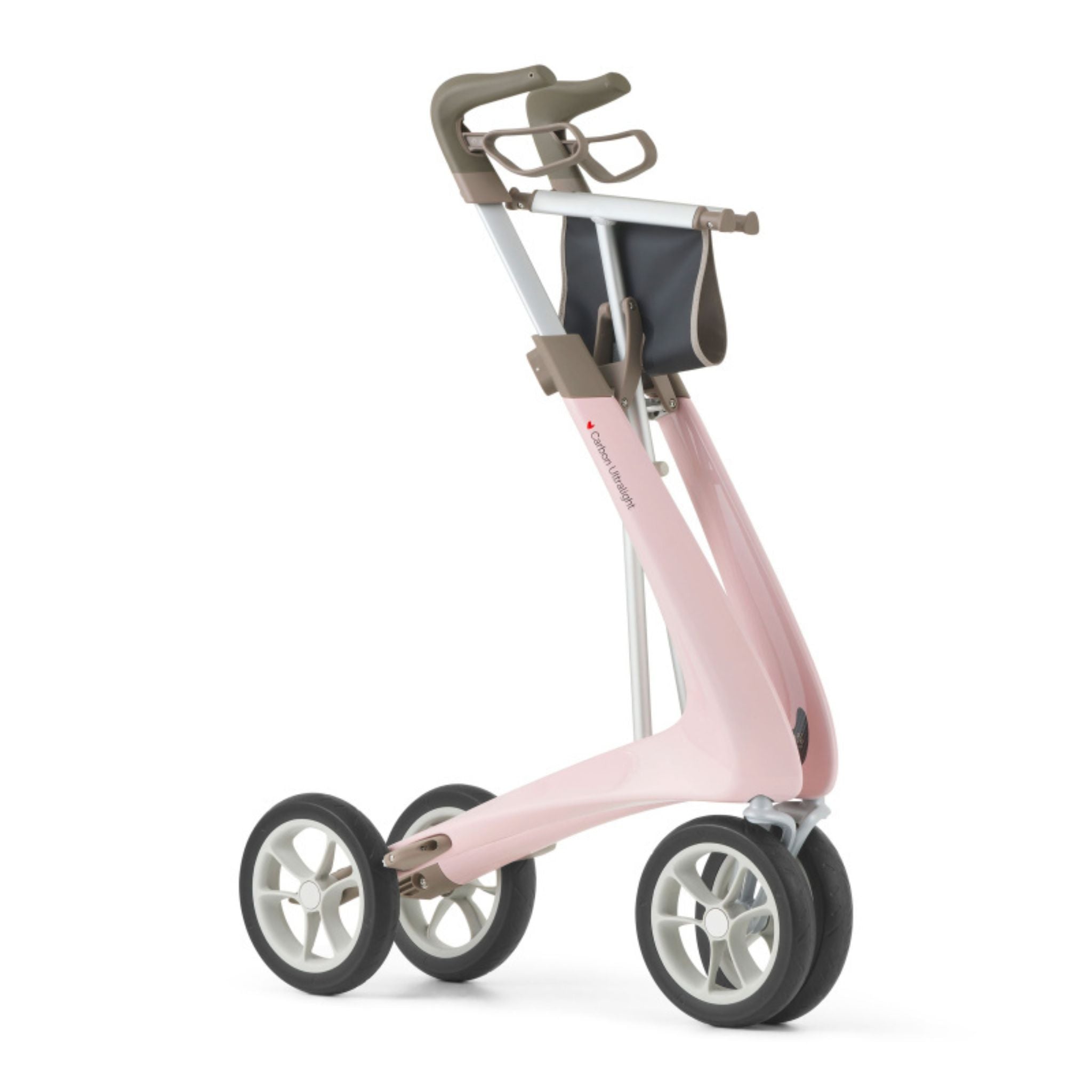 Pale Rose byACRE Carbon Ultralight rollator folded upright into a slim, compact profile for storage and travel