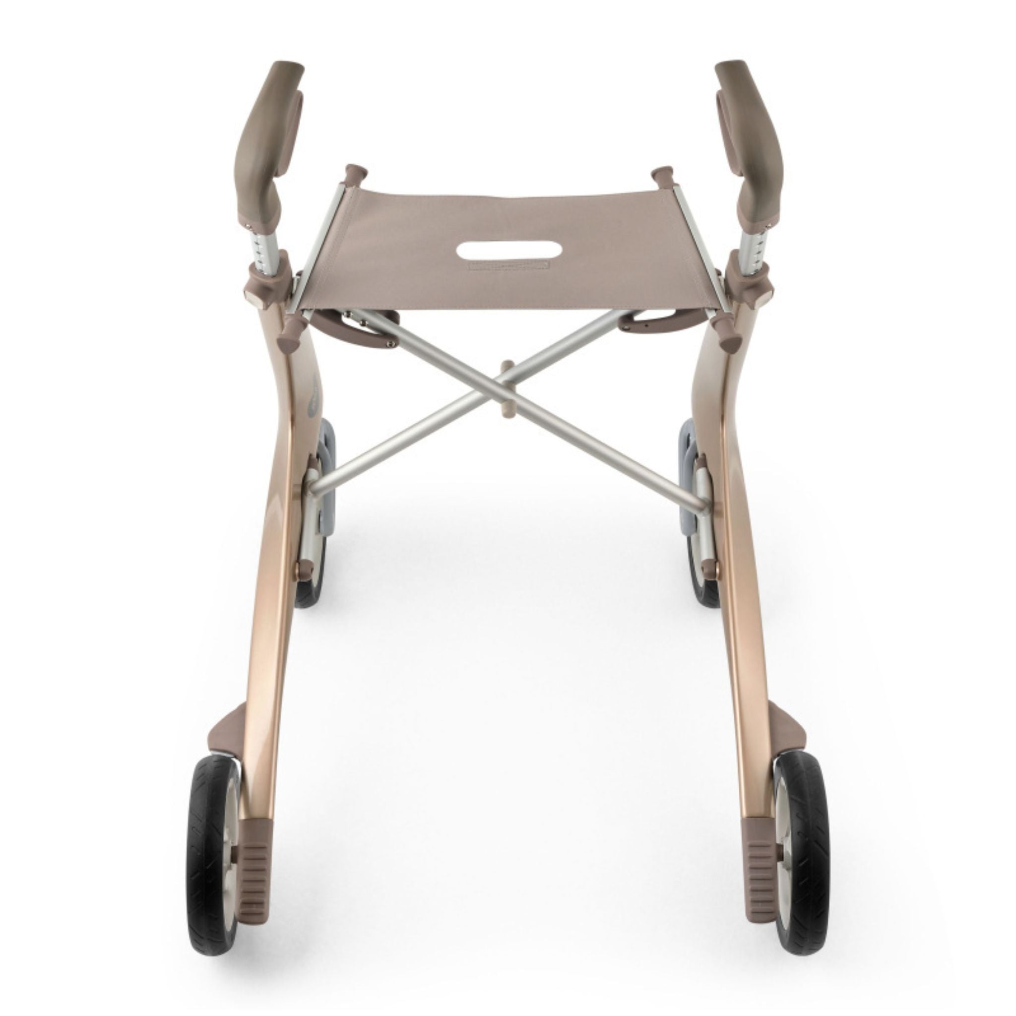 Rear view of a Champagne Gold byACRE Carbon Ultralight rollator showing the padded seat and folding cross-brace