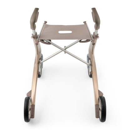Rear view of a Champagne Gold byACRE Carbon Ultralight rollator showing the padded seat and folding cross-brace