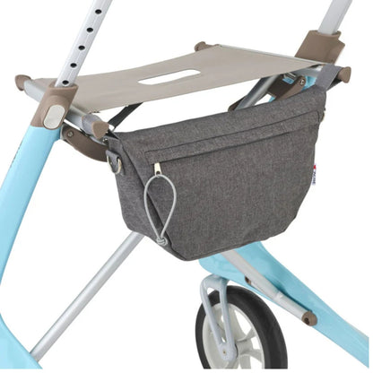 byACRE Carbon Ultralight rollator seat with the included grey organizer bag hanging beneath on a blue frame