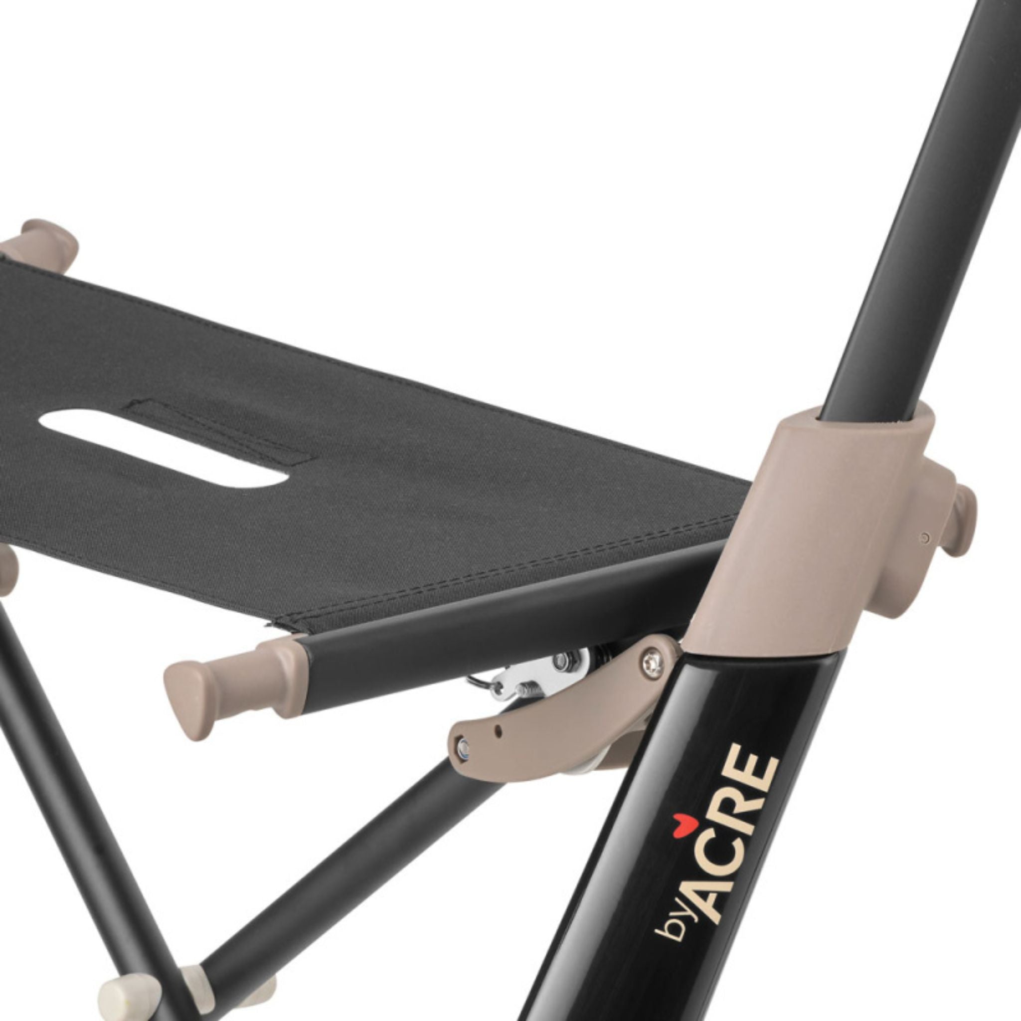 Close-up of the black seat, folding hinge mechanism, and byACRE logo on a Carbon Ultralight rollator frame