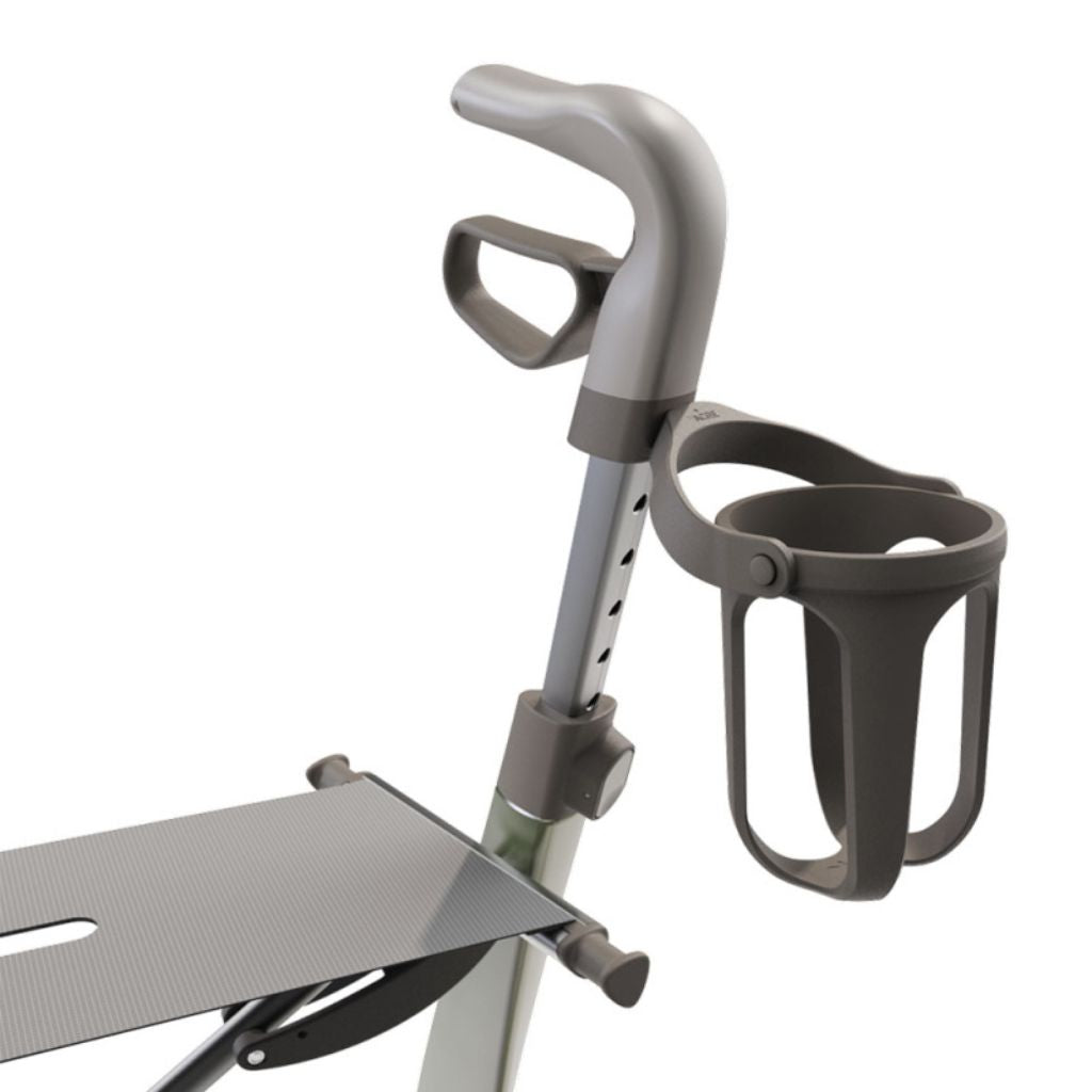 Charcoal byACRE cup holder mounted below the handle of a byACRE rollator, close-up view