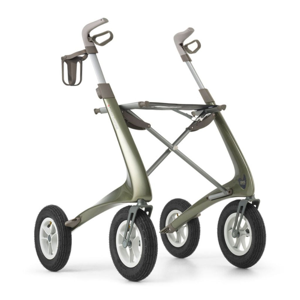 byACRE cup holder mounted on the handle of an olive green byACRE Carbon Overland rollator