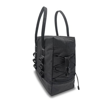 Side view of the charcoal byACRE Daypack rollator bag showing side tie-out loops and a drawcord stash pocket