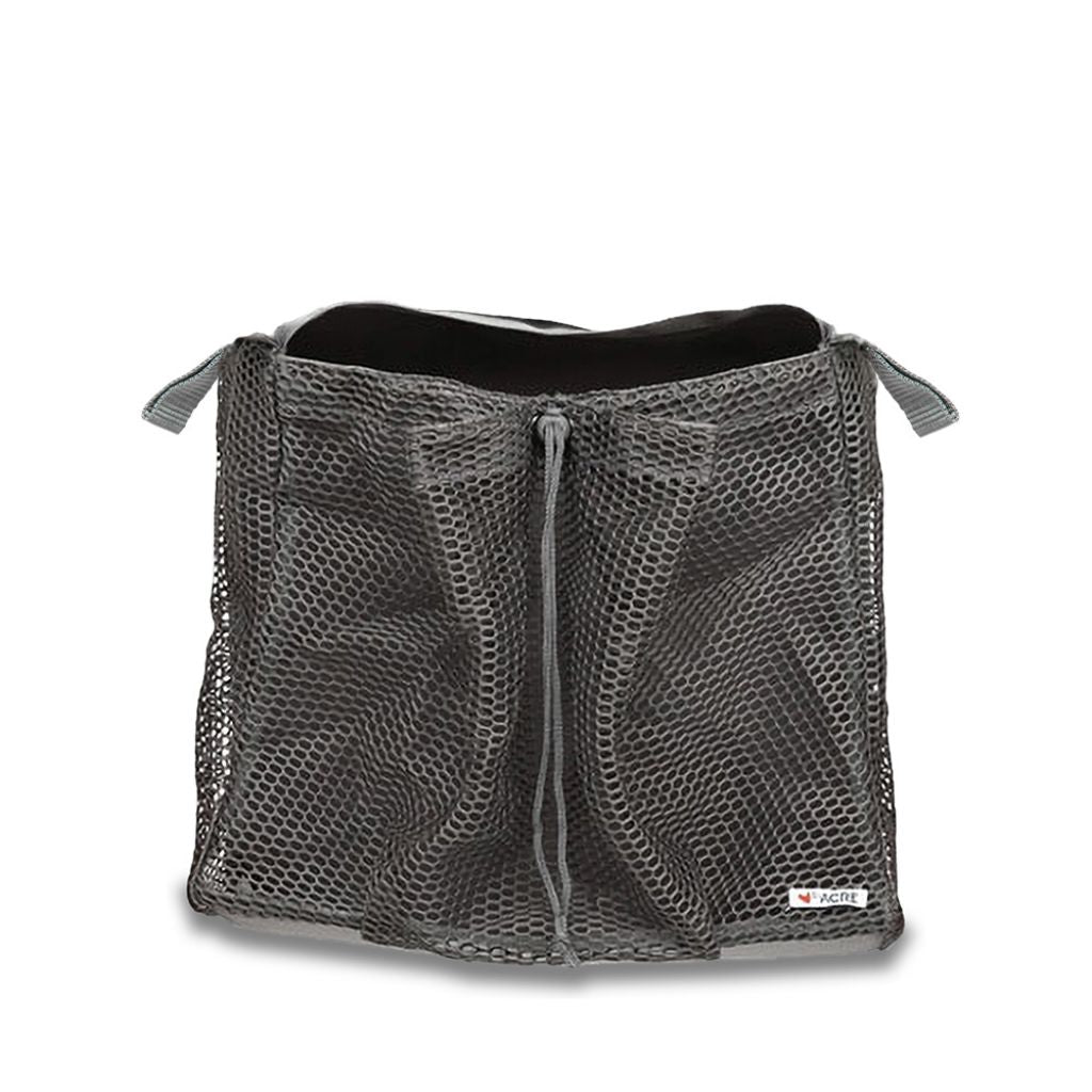 Grey mesh byACRE grocery bag with a drawstring top and side loops, shown on its own
