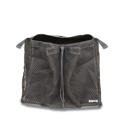 Grey mesh byACRE grocery bag with a drawstring top and side loops, shown on its own