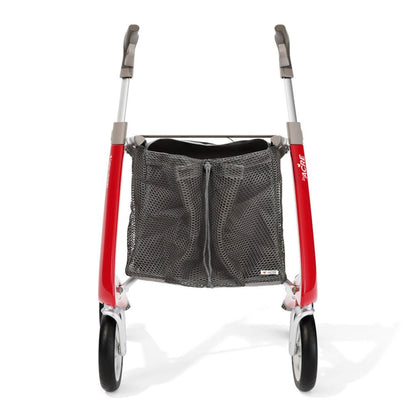 Grey mesh byACRE grocery bag attached to a red byACRE rollator, shown from the front