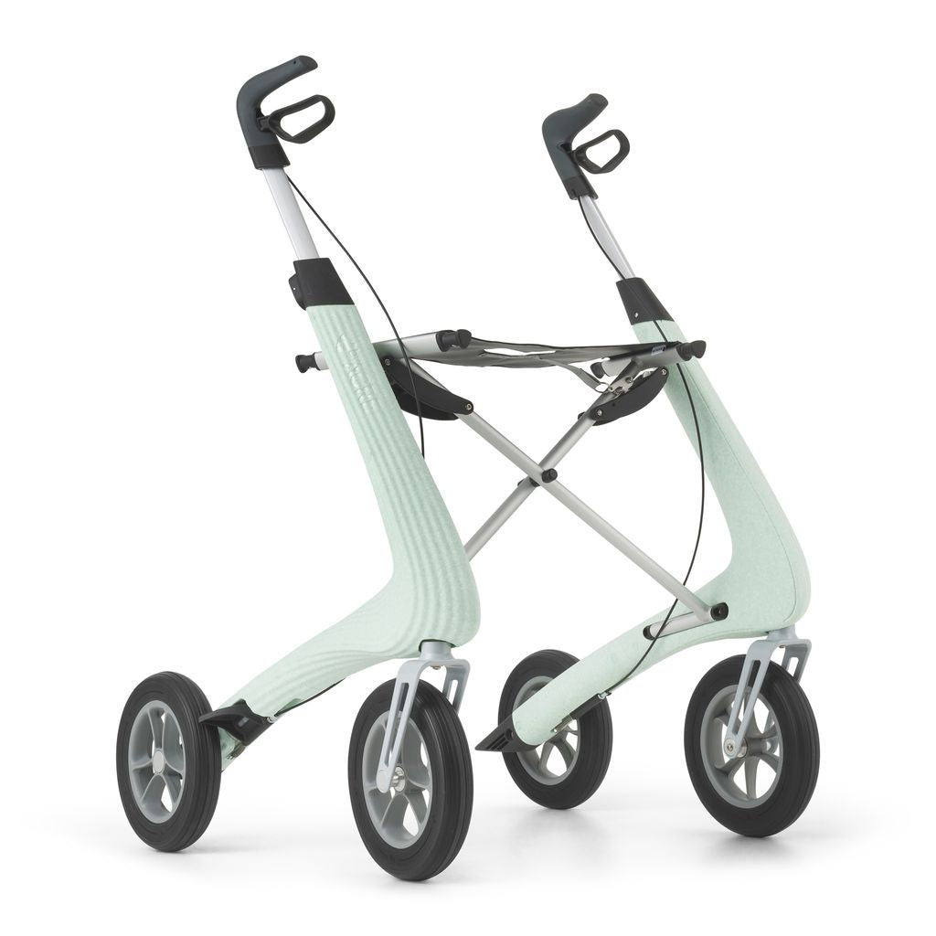 Front view of a Glacier Green byACRE Nordic Pioneer rollator with black seat and ergonomic handles