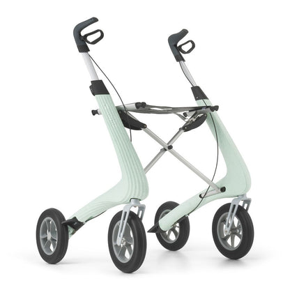 Front view of a Glacier Green byACRE Nordic Pioneer rollator with black seat and ergonomic handles