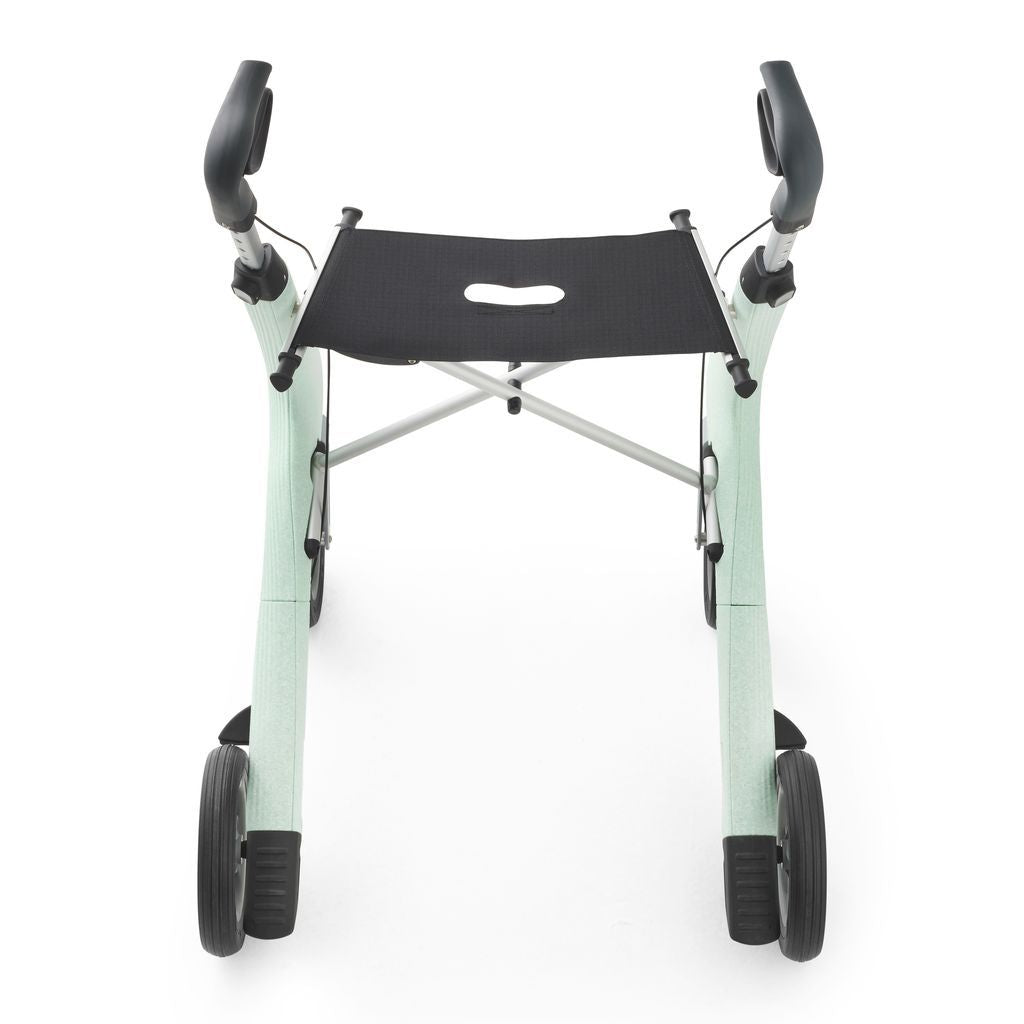 Rear three-quarter view of a Glacier Green byACRE Nordic Pioneer rollator with seat and wheels