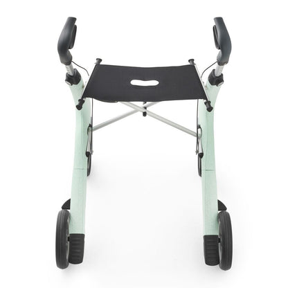 Rear three-quarter view of a Glacier Green byACRE Nordic Pioneer rollator with seat and wheels