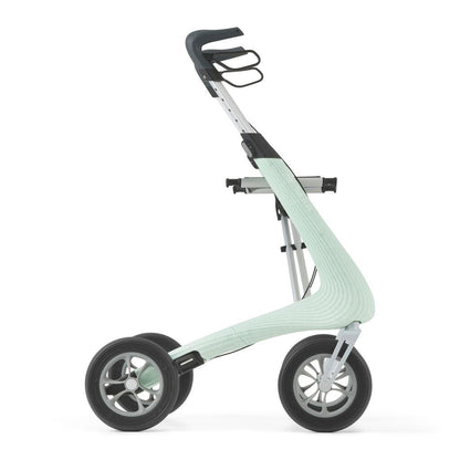 Side profile of a Glacier Green byACRE Nordic Pioneer rollator showing frame, handles, and wheels