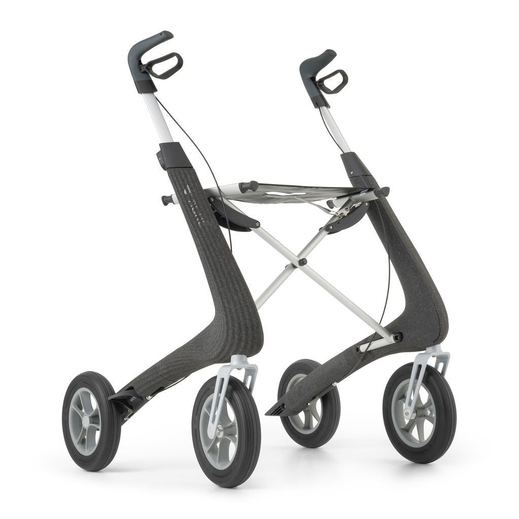 Granite Black byACRE Nordic Pioneer aluminum rollator shown at an angle with seat and wheels