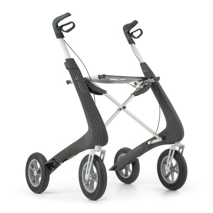 Granite Black byACRE Nordic Pioneer aluminum rollator shown at an angle with seat and wheels