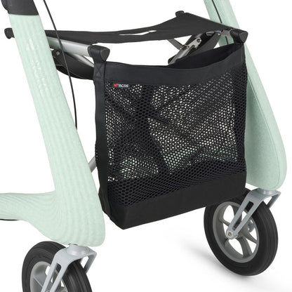 Black mesh storage bag attached to a Glacier Green byACRE Nordic Pioneer rollator