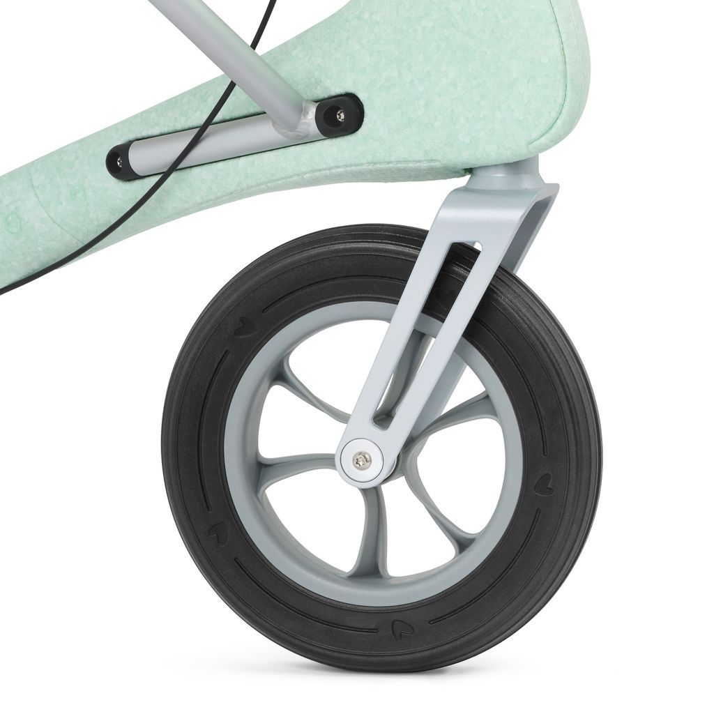 Close-up of the puncture-proof front wheel and aluminum fork on a Glacier Green byACRE Nordic Pioneer
