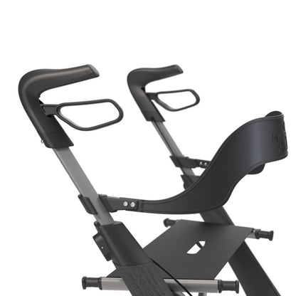 byACRE rollator backrest mounted between the handles on a green byACRE rollator, seen from behind