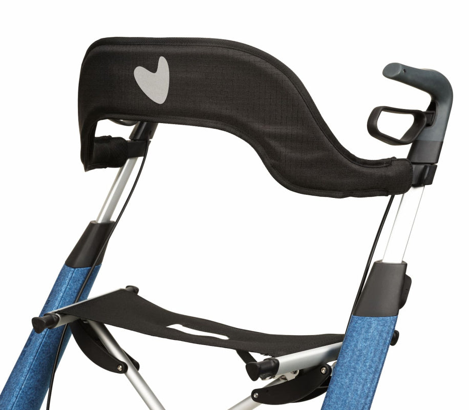 byACRE padded rollator backrest with heart logo attached between the handles on a blue byACRE rollator
