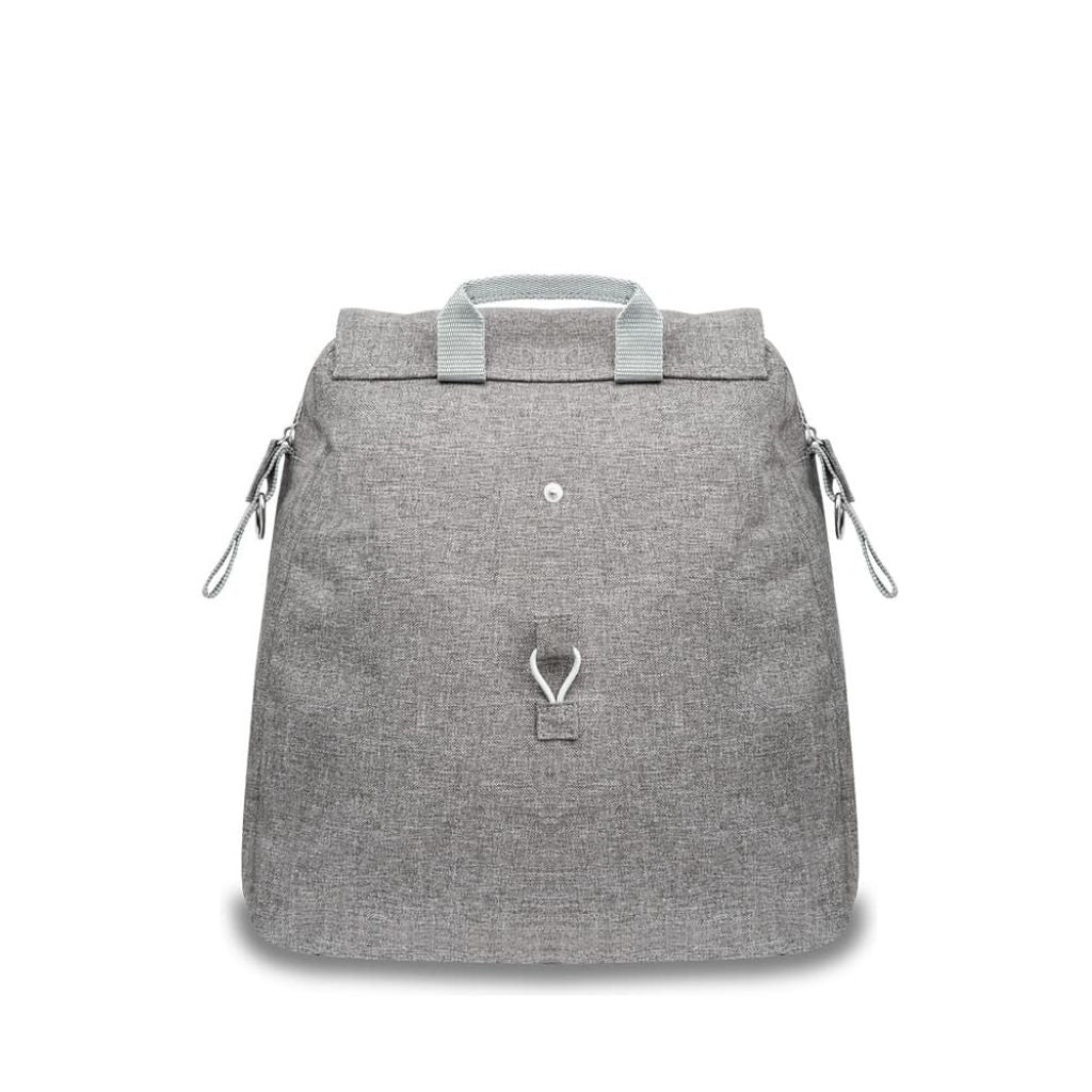 Back view of the gray melange byACRE Weekend Bag showing carry handles and rear elastic rollator attachments
