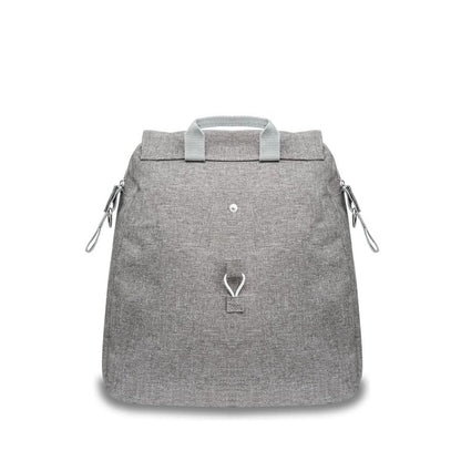 Back view of the gray melange byACRE Weekend Bag showing carry handles and rear elastic rollator attachments