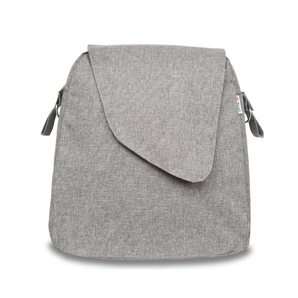 Front view of the gray melange byACRE Weekend Bag with its fold-over flap and side strap loops