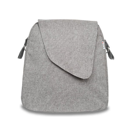 Front view of the gray melange byACRE Weekend Bag with its fold-over flap and side strap loops