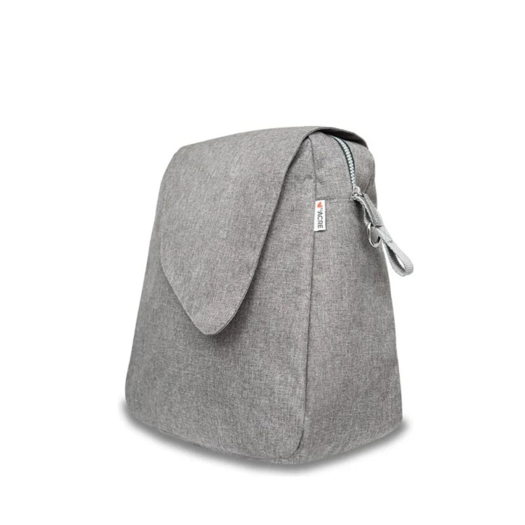 Side angle view of the gray melange byACRE Weekend Bag showing the flap, zip closure, and strap loop