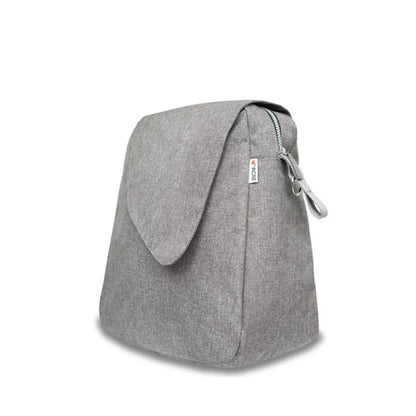 Side angle view of the gray melange byACRE Weekend Bag showing the flap, zip closure, and strap loop