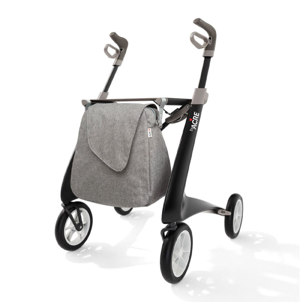Gray melange byACRE Weekend Bag attached to a black byACRE rollator, shown from the front