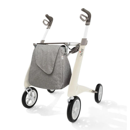 Gray melange byACRE Weekend Bag attached to a white byACRE rollator, shown from the front