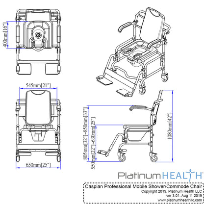 Professional Mobile Shower/Commode Chair with Padded Seating & Flip-Up Arms – Caspian™ by Platinum Health
