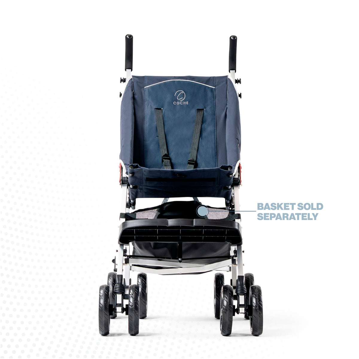 Coche special needs stroller in navy, front view showing the padded seat, 5-point harness, footrest, and four-wheel base with suspension; storage basket sold separately