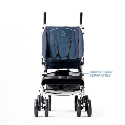 Coche special needs stroller in navy, front view showing the padded seat, 5-point harness, footrest, and four-wheel base with suspension; storage basket sold separately