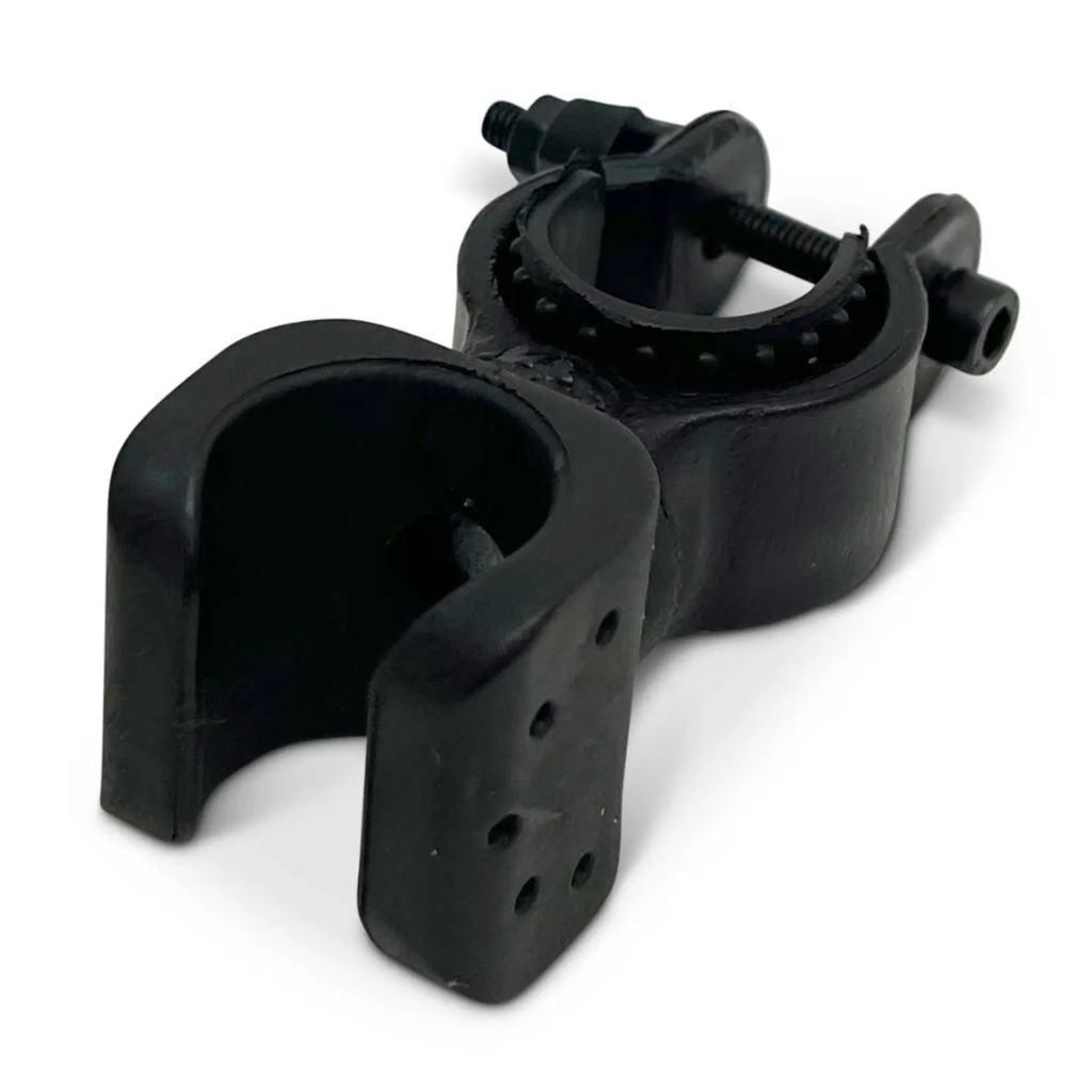 ComfyGo cane holder showing the tube clamp with bolt and the open cradle that grips the cane shaft