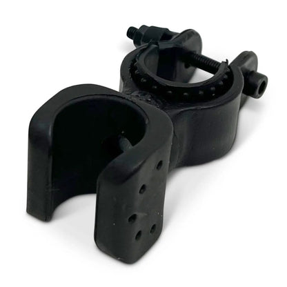 ComfyGo cane holder showing the tube clamp with bolt and the open cradle that grips the cane shaft