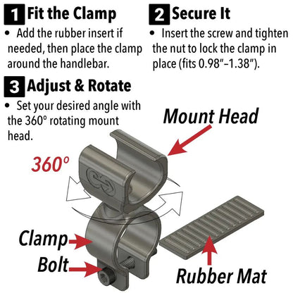 Installation guide for the ComfyGo cane holder: fit the clamp, tighten the bolt to secure, and rotate the mount head to any angle