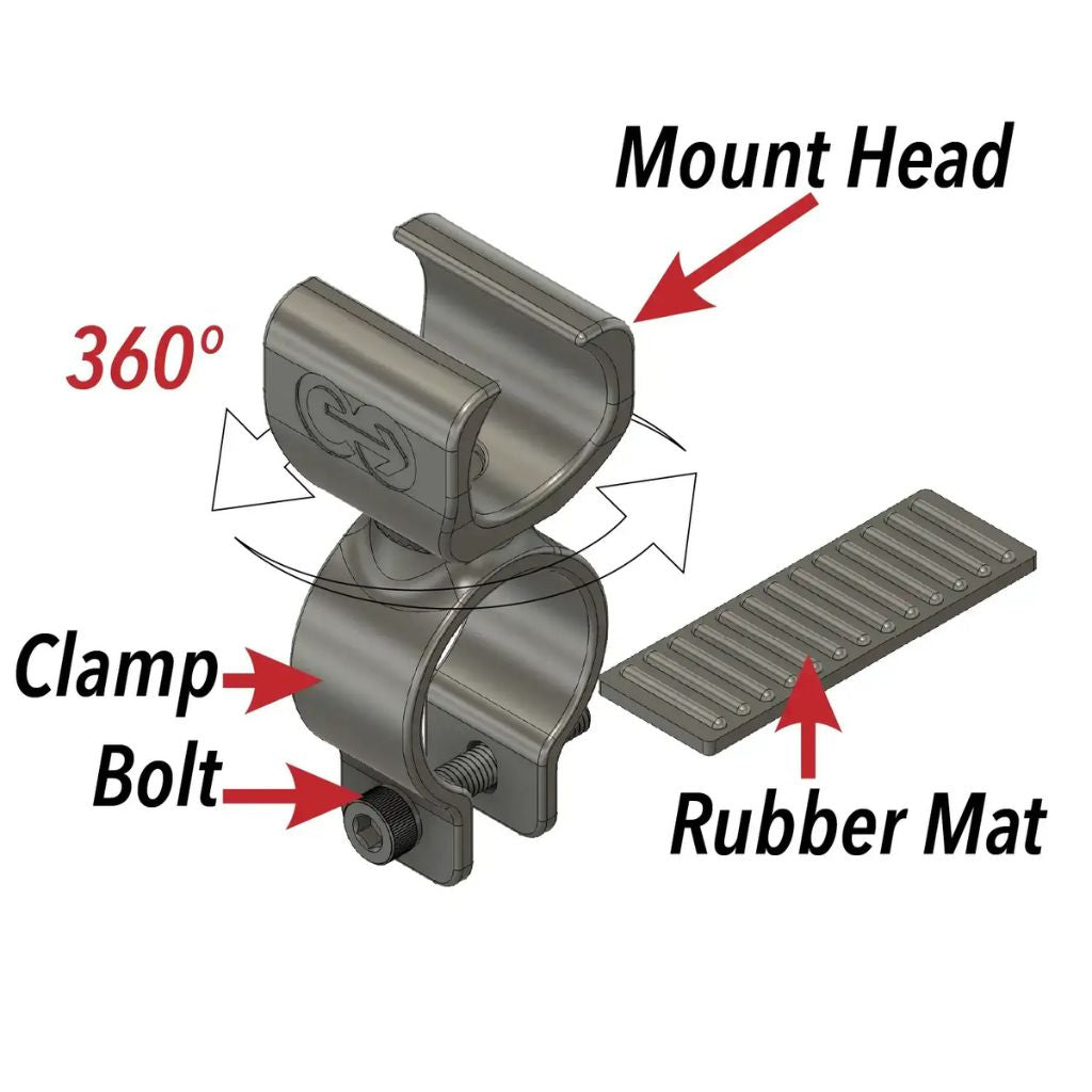 Diagram of the ComfyGo cane holder labeling the 360-degree rotating mount head, clamp, bolt, and rubber mat