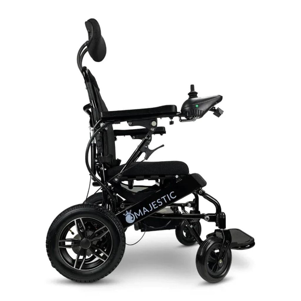 Side view of a Majestic power wheelchair with the ComfyGo headlight and USB connector installed at the joystick