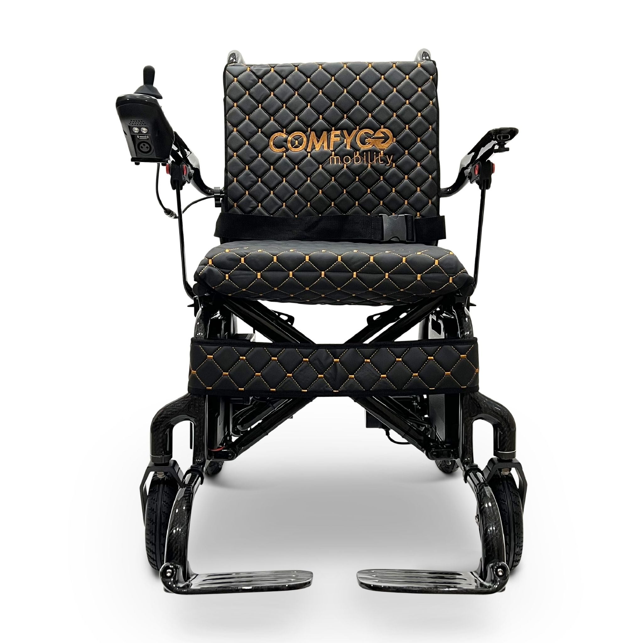 Front view of the ComfyGO Phoenix Carbon electric wheelchair with carbon fiber frame, joystick controller, quilted seating, foldable armrests, and compact portable design.