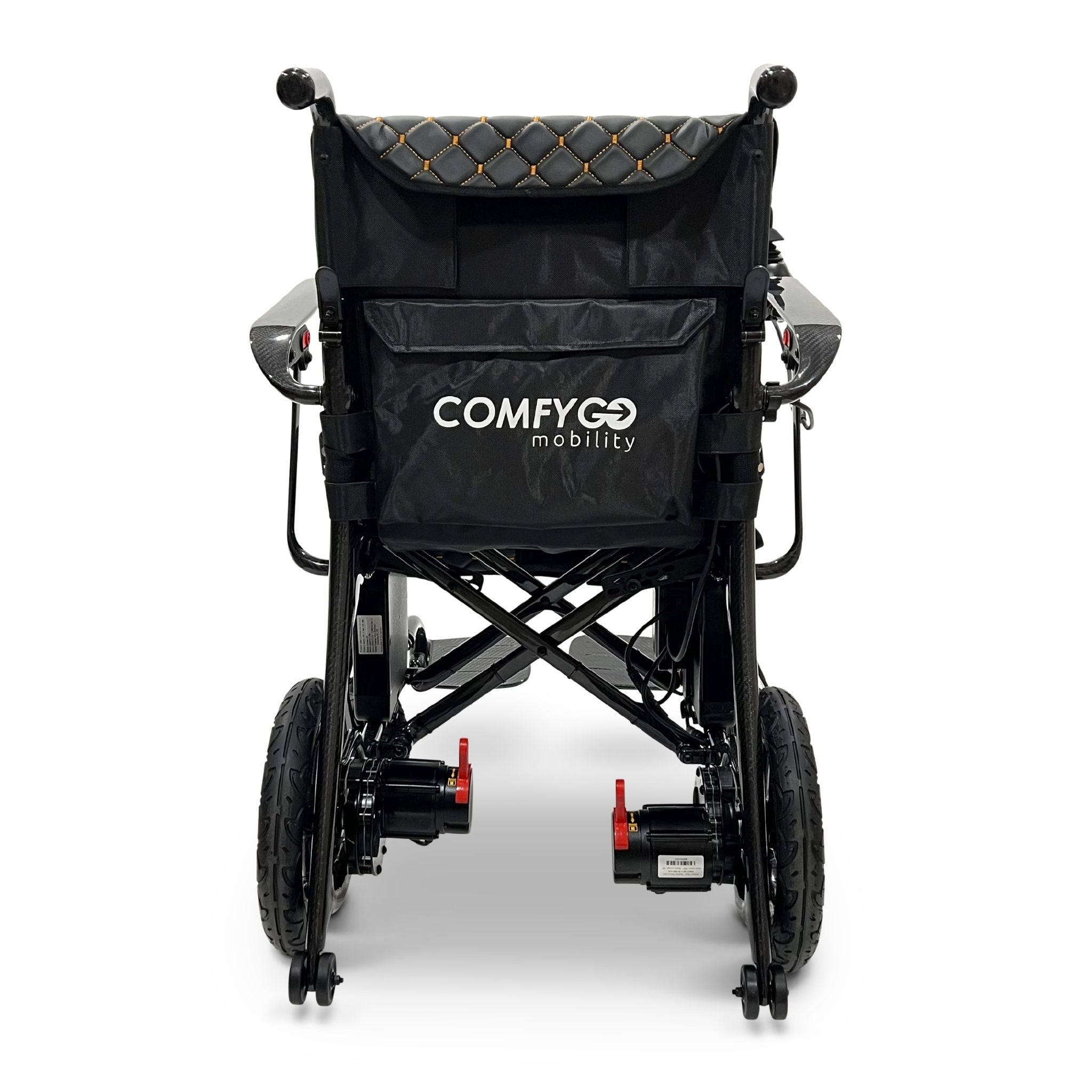 Rear view of the ComfyGO Phoenix Carbon electric wheelchair showing dual motors, storage pocket, foldable carbon fiber frame, and compact lightweight travel design.