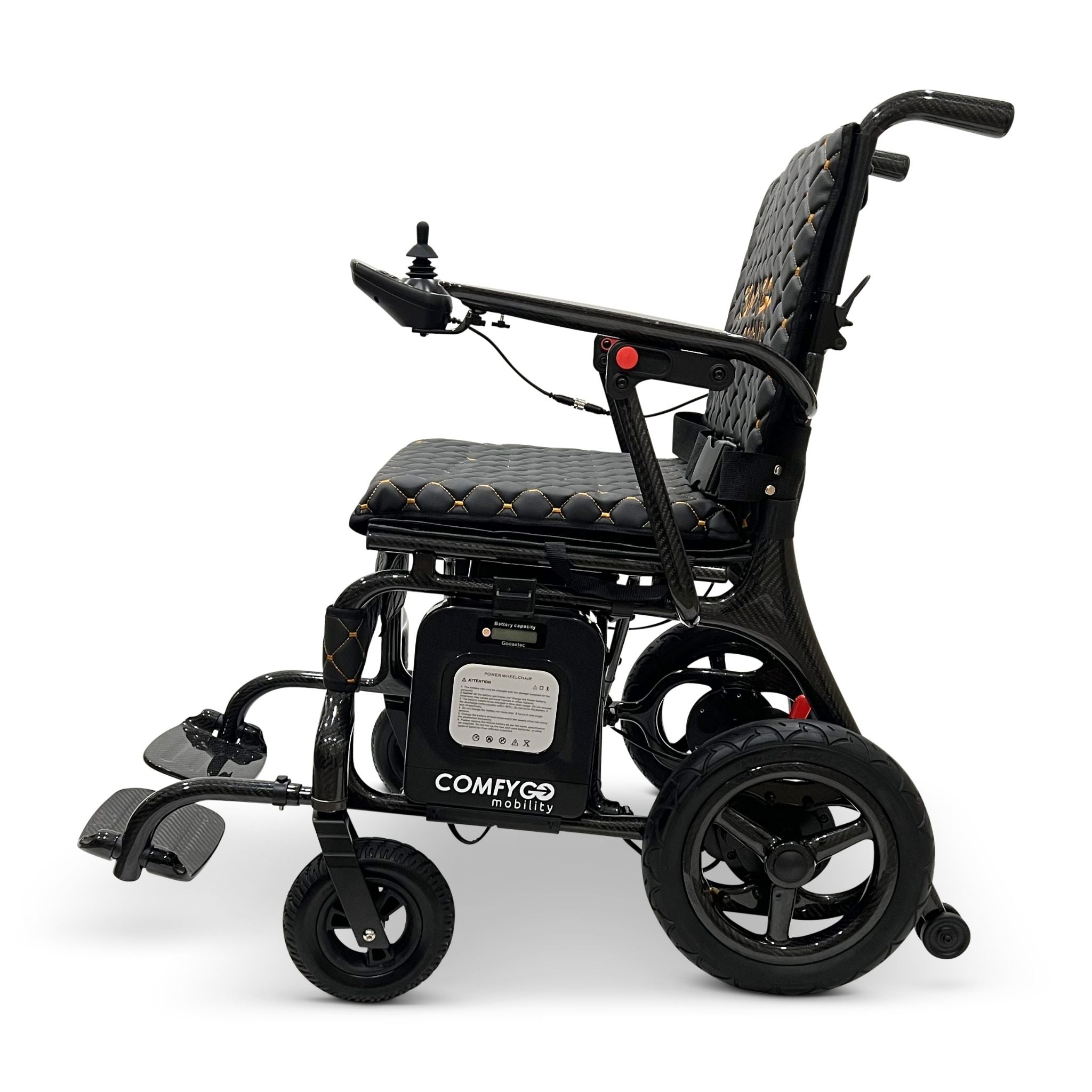 Side view of the ComfyGO Phoenix Carbon electric wheelchair featuring a lightweight carbon fiber frame, joystick controller, foldable footrests, lithium battery, and compact folding design.
