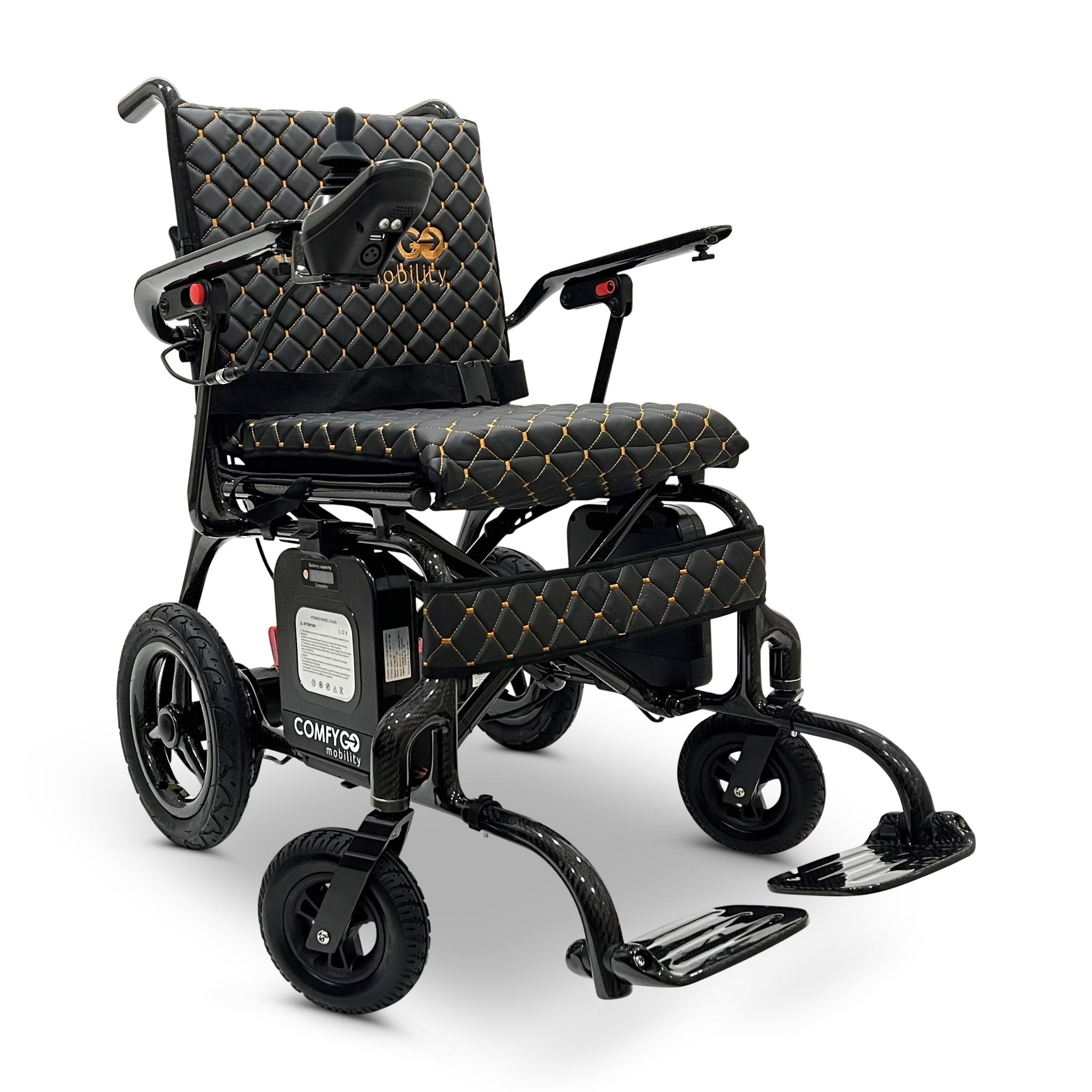 ComfyGO Phoenix Carbon electric wheelchair with wireless remote control feature, integrated LED joystick light, carbon fiber frame, and portable folding power wheelchair design.