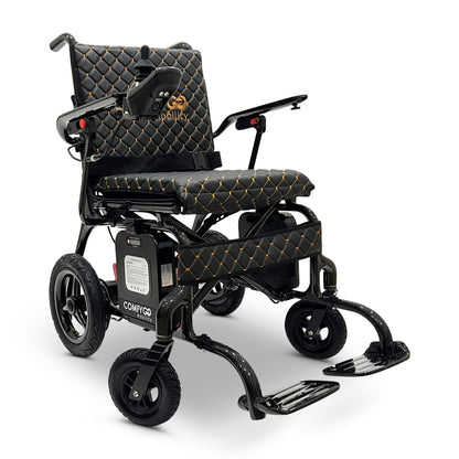 ComfyGO Phoenix Carbon electric wheelchair with wireless remote control feature, integrated LED joystick light, carbon fiber frame, and portable folding power wheelchair design.