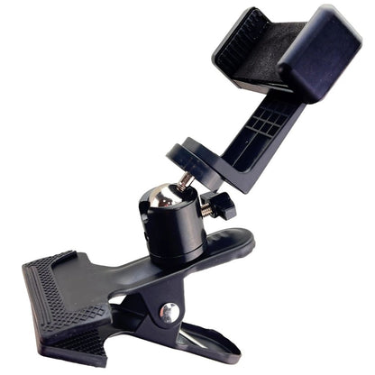 Angled view of the ComfyGo phone holder showing the adjustable ball joint, spring clamp, and expandable phone cradle