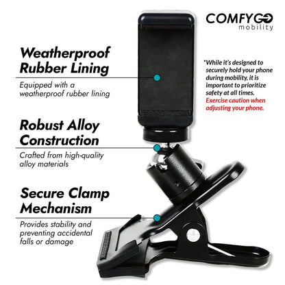ComfyGo phone holder features: weatherproof rubber lining, alloy construction, and secure clamp mechanism to prevent falls